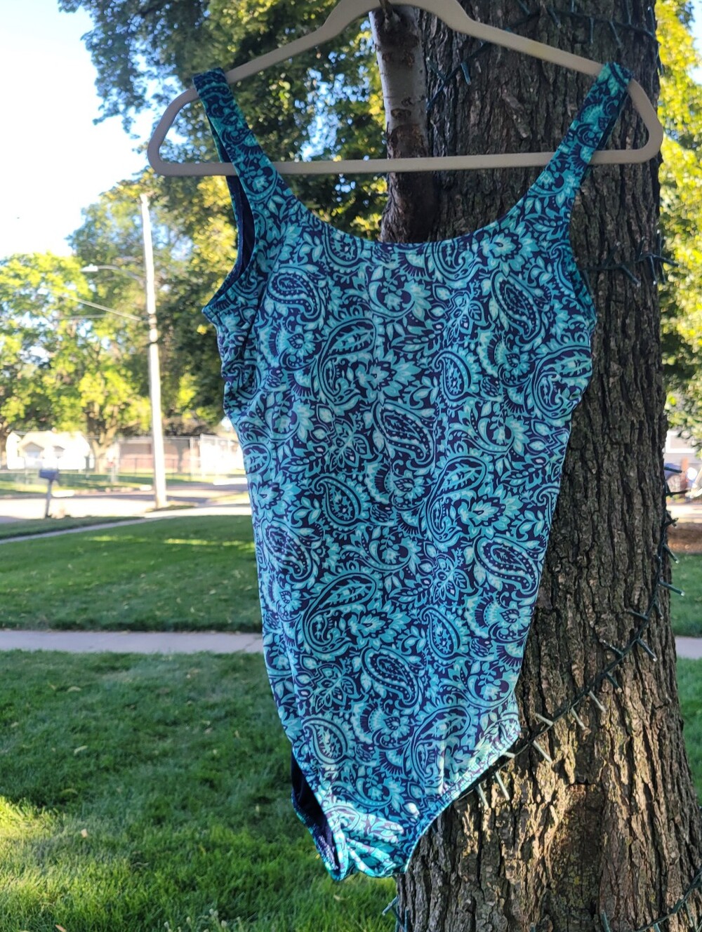 Vintage Lands End one piece Blue Navy Floral Paisley Sz 12 90s Mom Modest Resort